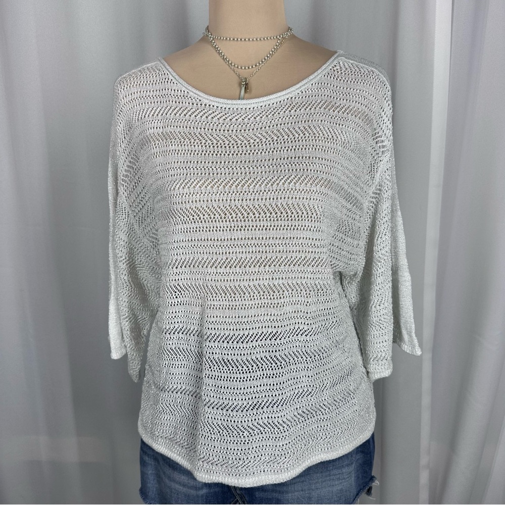 Chicos Metallic Knit Sweater Top Sz 1 (M) Open Knit Wide Sleeve Casual‎ Capsule - Picture 3 of 12